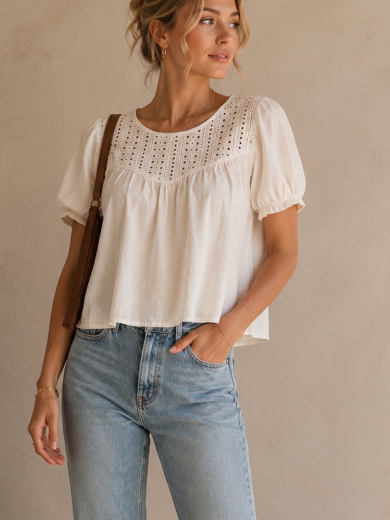 Amour Vert White Organic Cotton Cropped Blouse Womens S Eyelet Puff Sleeve Basic